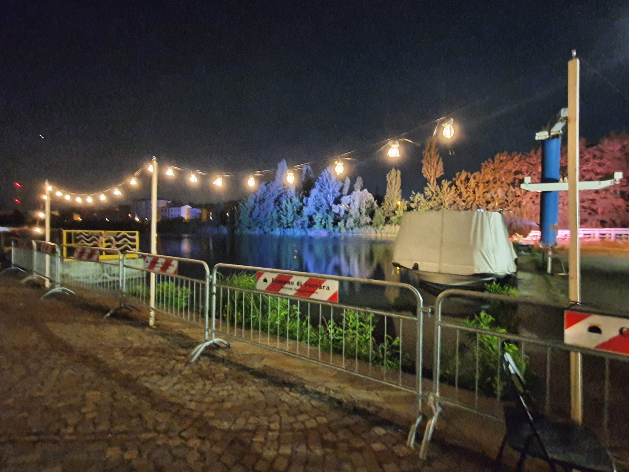 Luminarie vicino a transenne con alberi colorati